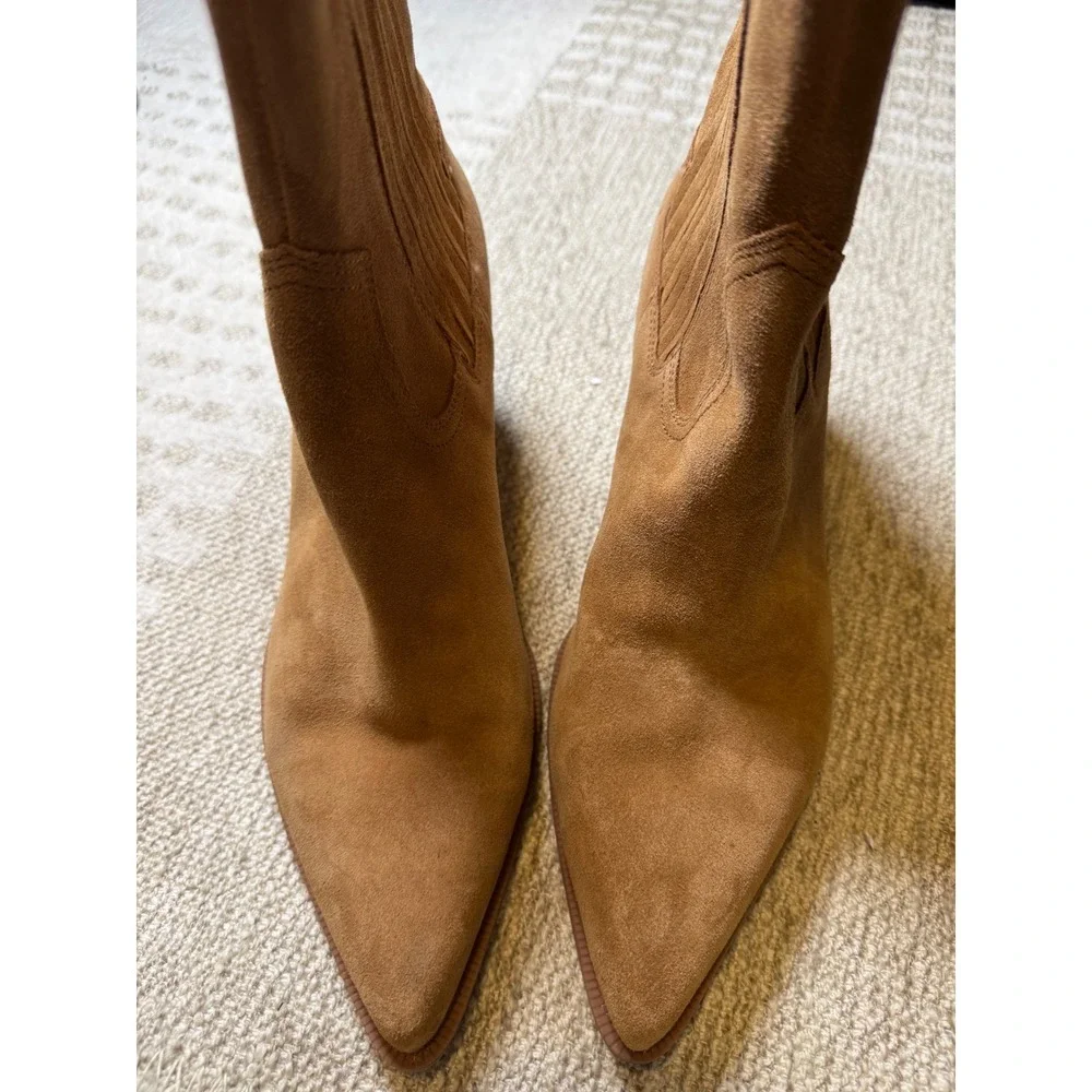 Dolce Vita Tan Suede Western Pointed Toe Ankle Boots Block Heel Women Size 11